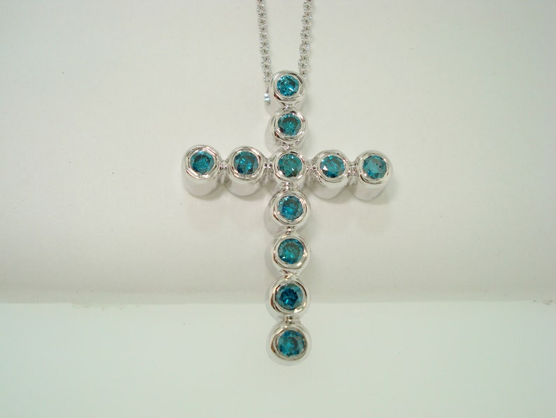 Blue Diamond Cross Pendant Necklace 14K White Gold 0.38 Carat Handmade Fine Bezel Set image 2