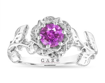 Purple Sapphire Floral Engagement Ring, Rose Flower Anniversary Ring, Unique 0.60 Carat 14K White Gold Handmade Certified