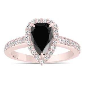 2 Carat Pear Shaped Black Diamond Engagement Ring Rose Gold, Black Diamond Wedding Ring, Halo Bridal Ring, Unique Handmade Certified