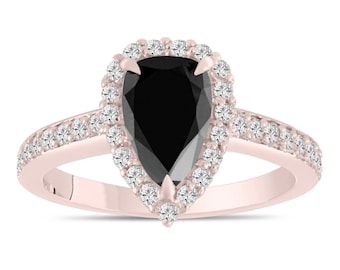 Pear Black Diamond Engagement Ring: Rose Gold Halo Bridal Ring