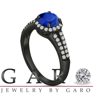 Blue Sapphire & Diamond Engagement Ring Vintage Style 14K Black Gold 1.34 Carat Pave Set HandMade Certified Halo image 2