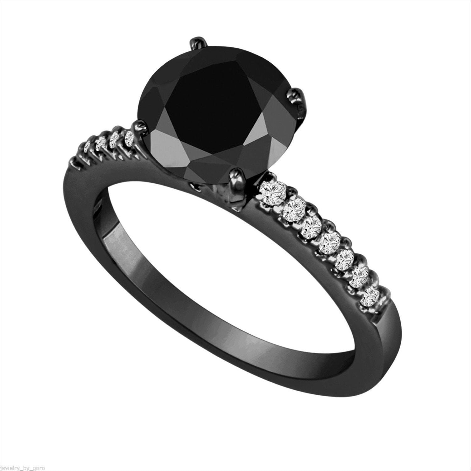 Vintage Black Diamond Engagement Ring: 14K Black Gold, Handmade, 2.21