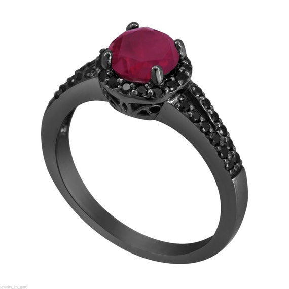 Onyx Lab Pink Sapphire Three Stone Aurora ring - 14K White Gold |JewelsForMe