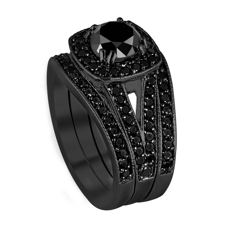 Trio Black Diamonds Engagement Ring Set Wedding Anniversary Etsy