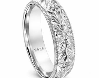 Hand Engraved 14K White Gold Wedding Band - Vintage Style 6mm