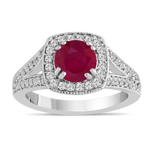 Ruby Engagement Ring 1.58 Carat 14K White Gold Bridal Ring Handmade Halo