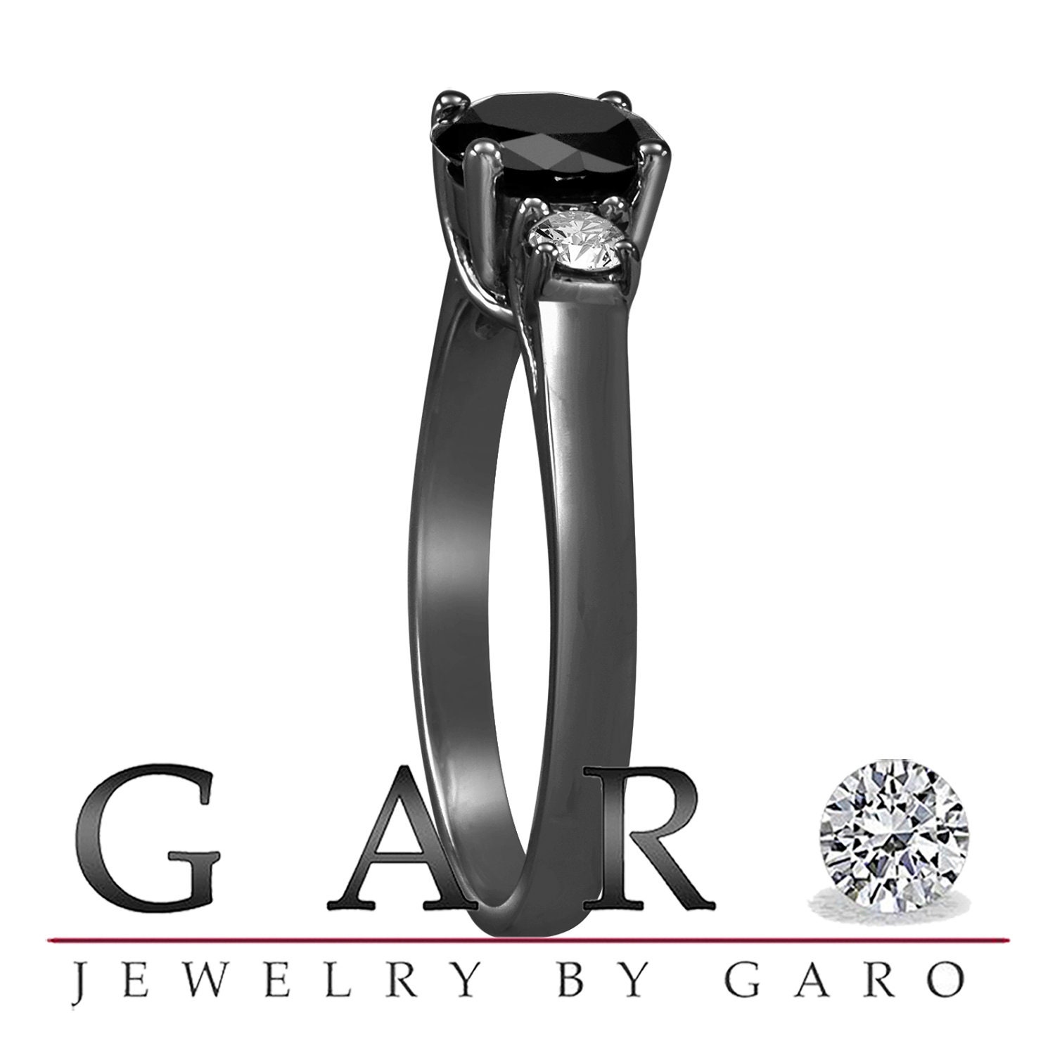 Black Diamond Wedding Ring Three Stone Engagement Ring Etsy