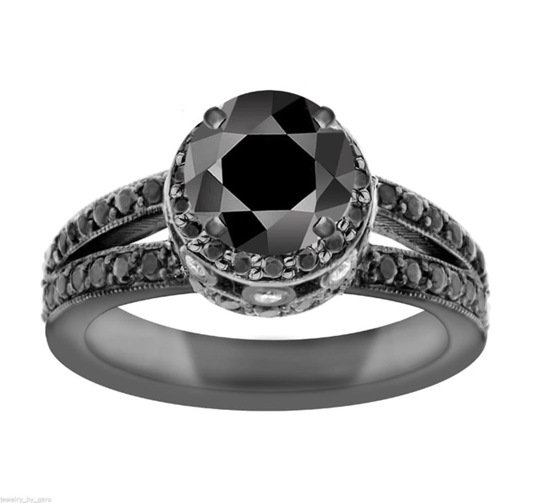 2 Carat Black Diamond Engagement Ring, Black Gold Engagement Ring, Halo