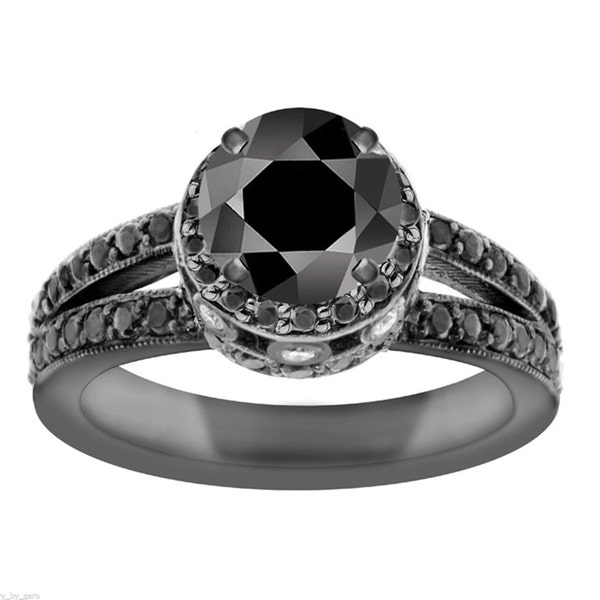 2 Carat Black Diamond Engagement Ring, Black Gold Engagement Ring, Halo Engagement Ring, Vintage Style Certified Pave Set handmade