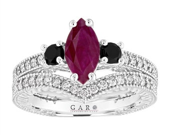 Marquise Ruby Engagement Ring and Wedding Band Sets 1.59 Carat Vintage 14k White Gold or Black Gold Unique Handmade