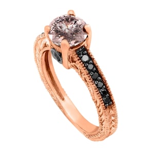 Morganite Engagement Ring: 14K Rose Gold, Black Diamond Pave, Antique Style