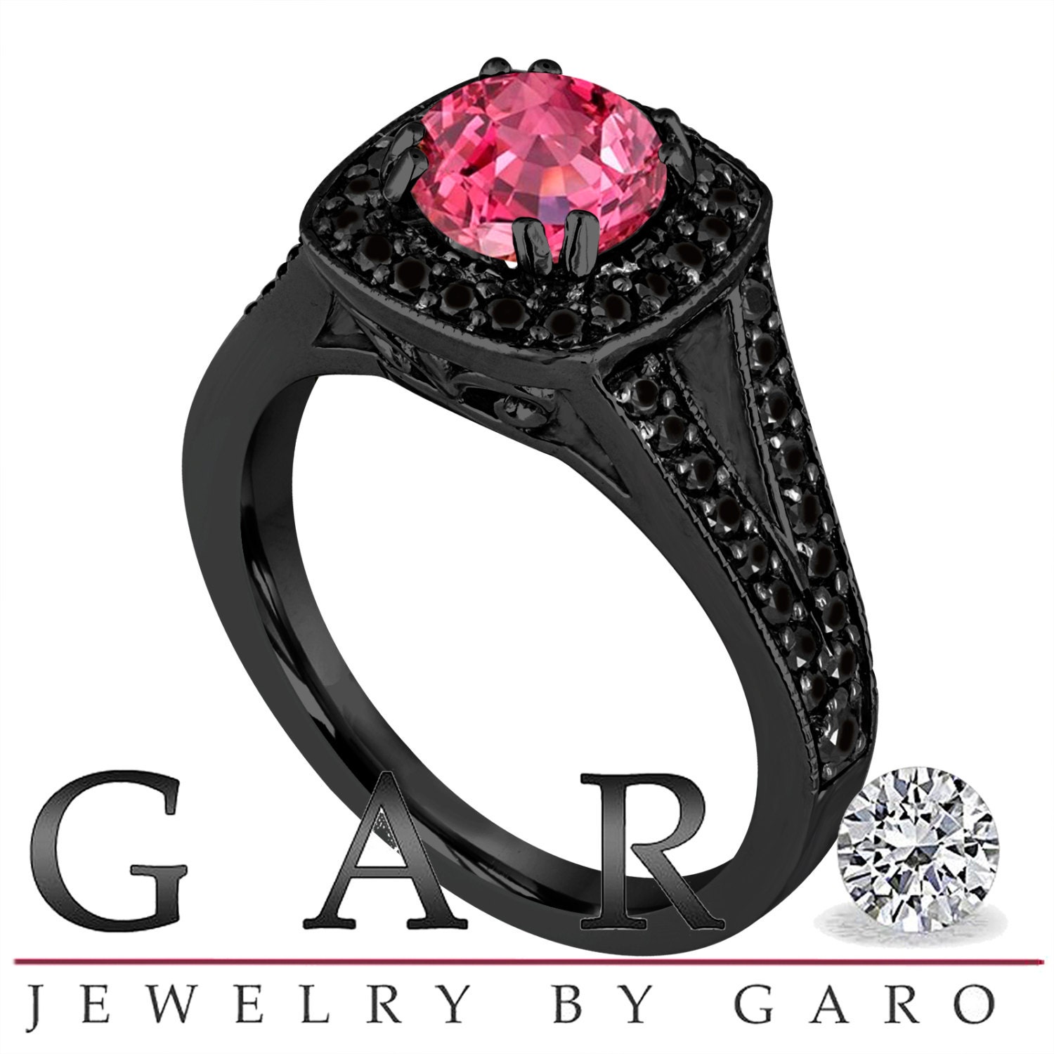 ピンクサファイアのエンゲージリング：14Kブラックゴールド、ブラック