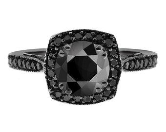 Black Diamond Halo Engagement Ring, 2.25 Carat Bridal Ring, Unique Vintage Style 14K Black Gold Pave Certified