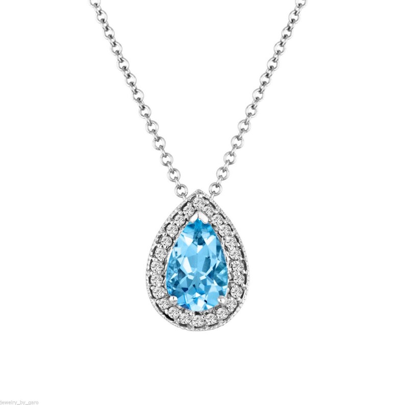 Pear Shape Aquamarine & Diamonds Pendant Necklace, Platinum, 14K White Gold, Rose Gold, Yellow Gold Or Black Gold 0.84 Carat Handmade image 6