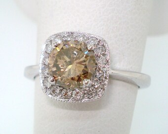 Fancy Champagne Brown Diamond Engagement Ring 1.22 Carat 14K White Gold Halo Pave Handmade