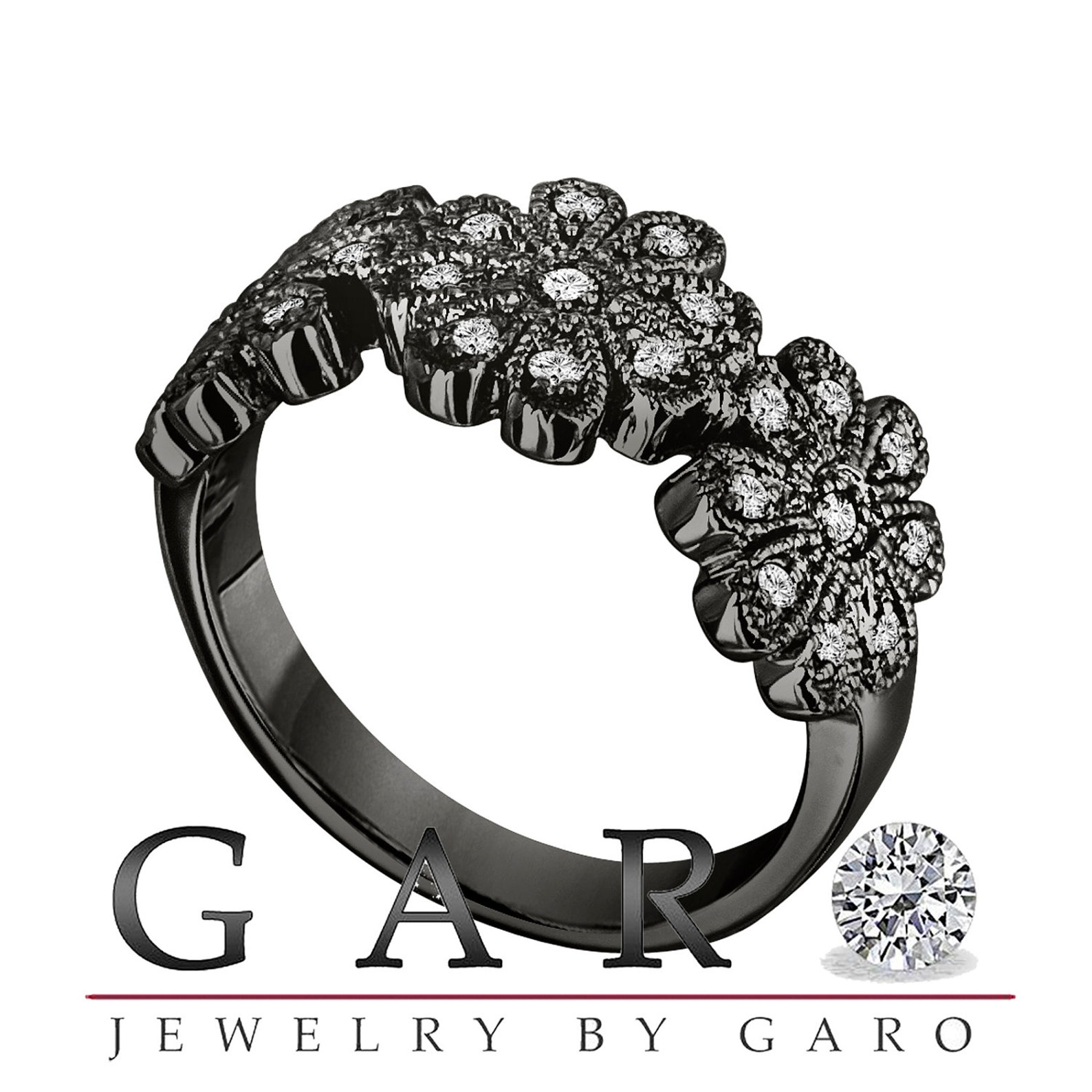 Floral Diamond Wedding Ring 18K Black Gold Wedding Band Etsy