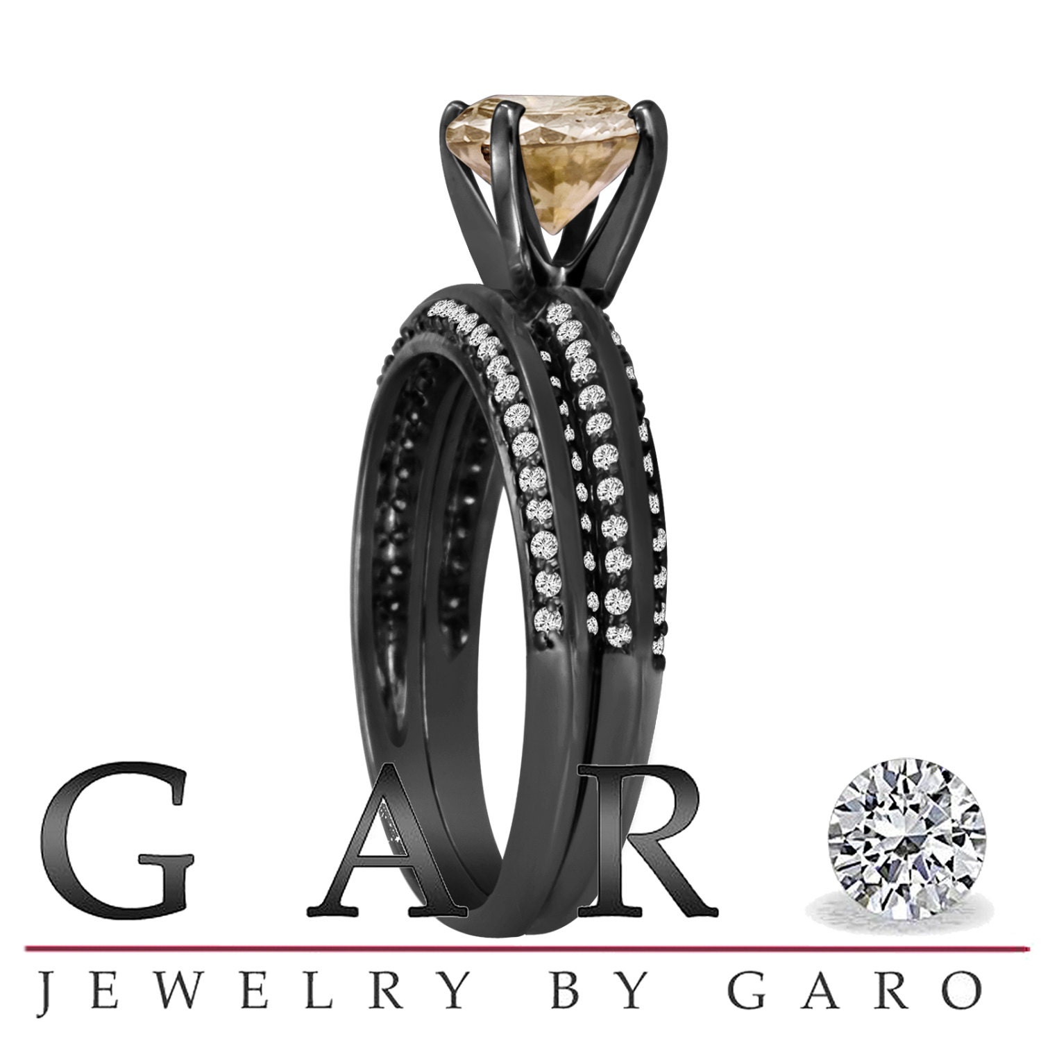 14K Black Gold Champagne Brown Diamond Engagement Ring Wedding Anniversary Band Sets 1.54 Carat Vintage Style Micro Pave Handmade Bridal Etsy Canada