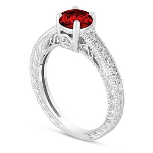 Red Diamond Engagement Ring 14K White Gold Vintage Antique Style Engraved 0.86 Carat Certified Handmade
