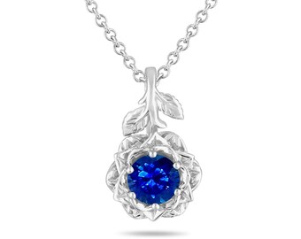 1.20 Carat Sapphire Floral Pendant Necklace, 14K White Gold Rose Flower Unique Handmade Certified