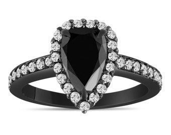1.75 Carat Pear Shape Black Diamond Engagement Ring, Black Diamond Wedding Ring, Halo Vintage Ring, 14k Black Gold Unique Handmade Certified