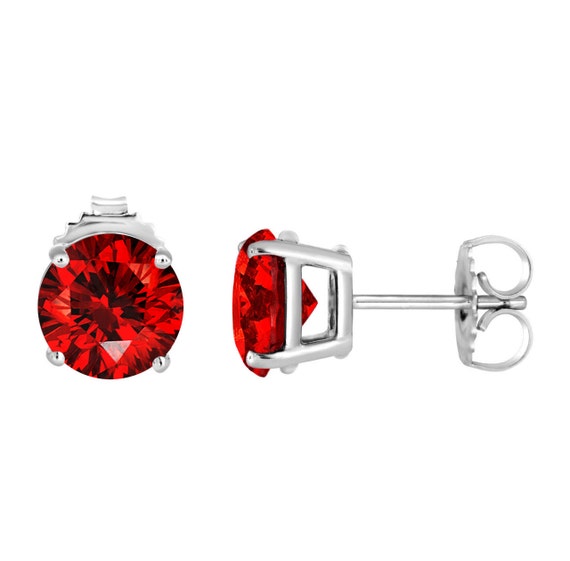 Round Cut Red Ruby Mens Earrings In 14K White Gold | Fascinating Diamonds
