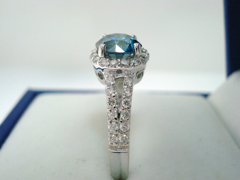 Blue Diamond Engagement Ring, 1.32 Carat Bridal Ring, Halo Engagement Ring, 14K White Gold Pave Certified Handmade image 4
