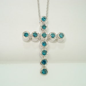 Blue Diamond Cross Pendant Necklace 14K White Gold 0.38 Carat Handmade Fine Bezel Set image 1