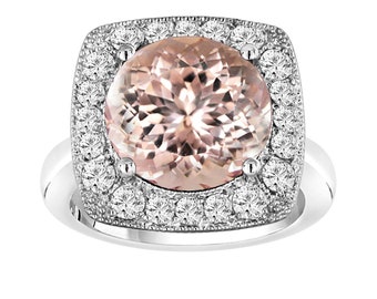 Handmade 5.56 Carat Morganite Diamond Halo Ring - 14k White Gold Vintage Style