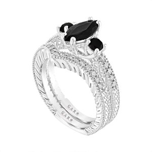 Vintage Marquise Black Diamond Engagement Ring Set, 14k White Gold Wedding Band