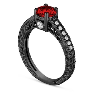 Red Diamond Engagement Ring 14K Black Gold Vintage Antique Style Engraved Unique 0.71 Carat Certified HandMade