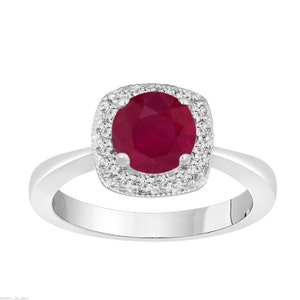 1.23 Carat Ruby Engagement Ring, With Diamonds  14K White Gold Halo Certified