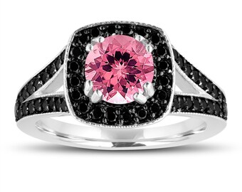 Rosa Turmalin und ausgefallene schwarze Diamanten Verlobungsring 14K Weiß, Rose oder Schwarzgold Vintage Style 1.56 Karat Halo Pave Handmade Zertifiziert