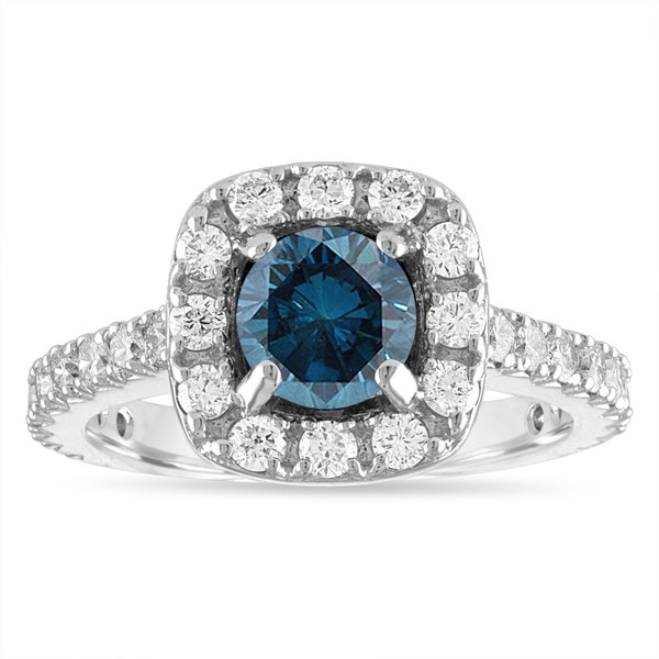 1.92 Carat Blue Diamond Halo Engagement Ring, 14K White Gold Or Black Gold Vintage Style Unique Handmade Certified