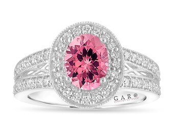 Oval Pink Tourmaline Engagement Ring Unique Halo 14K White Gold Or Black Gold Vintage Style 1.57 Carat Handmade Certified