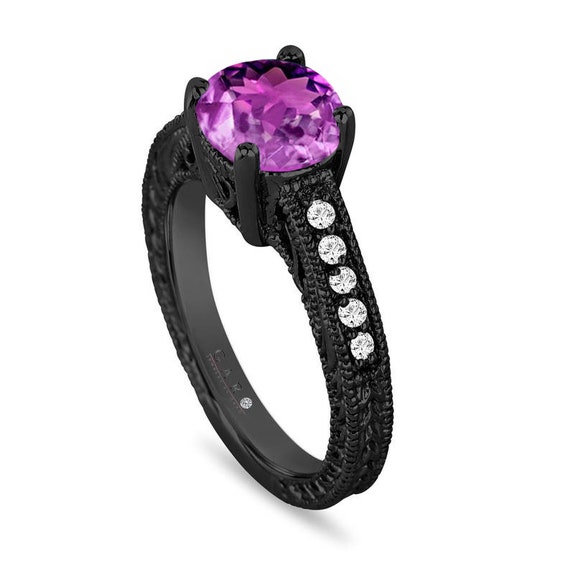 Butterfly Oval Dark Amethyst Diamond Accents Engagement Ring 14k Gold