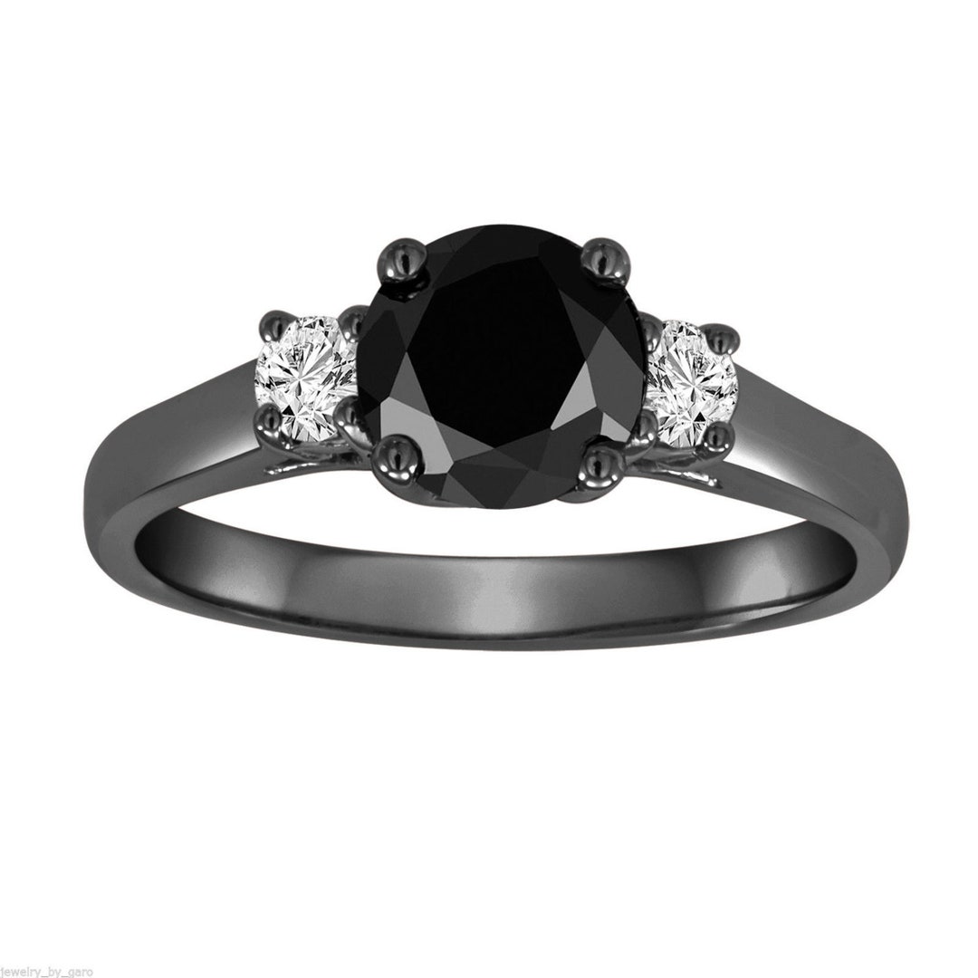 Three Stone Engagement Ring, Black & White Diamond Bridal Ring, Vintage ...