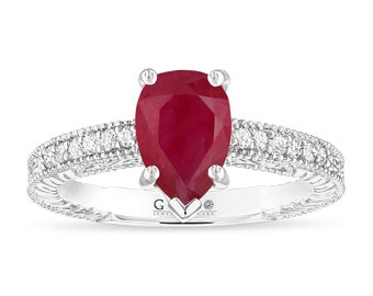 Pear Shaped Ruby Engagement Ring Filigree 1.37 Carat 14K White Gold or Black Gold Unique Certified Handmade