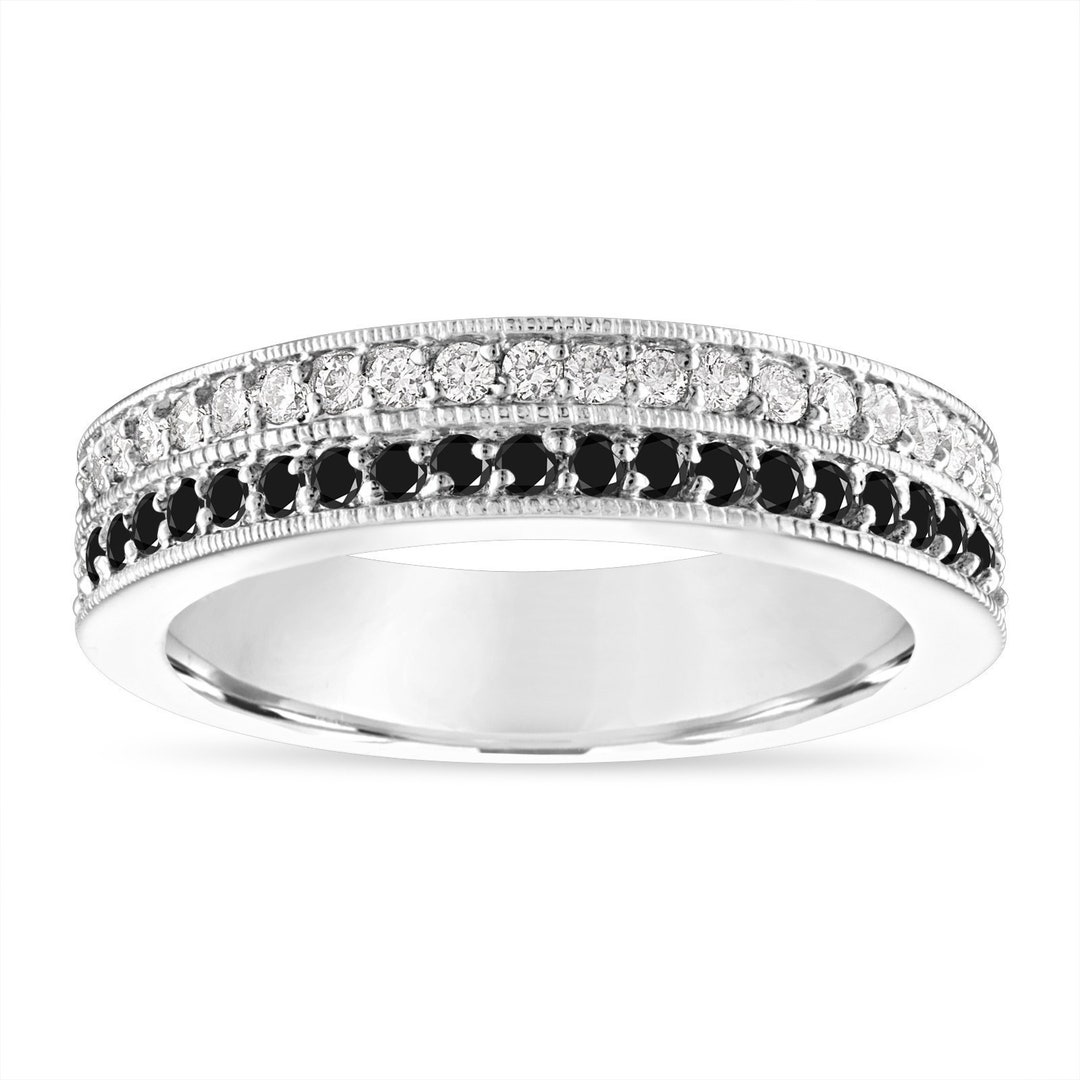 Black and White Diamond Wedding Band, 14K White Gold, Platinum ...