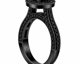 2.00 Carat Black Diamond Halo Engagement Ring Vintage Style 14K Black Gold Certified Handmade