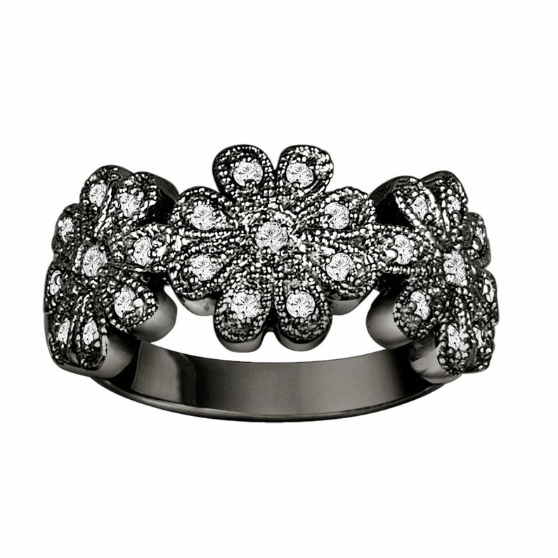 Floral Diamond Wedding Ring 18K Black Gold Wedding Band Etsy
