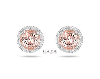 Morganite & Diamonds Halo Earrings, Micro Pave 1.86 Carat 14K White Gold Or Rose Gold Unique Handmade Certified