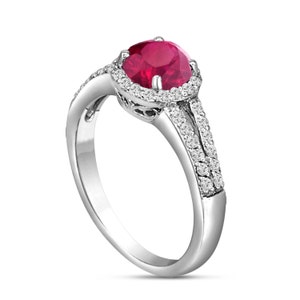 Red Ruby Engagement Ring 14K White Gold 1.00 Carat Diamond Pave Set HandMade Certified Halo