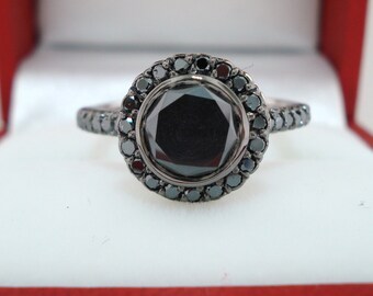 Black Diamond Halo Engagement Ring: 14K White Gold, Micro Pave