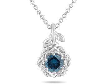 1.01 Carat Blue Diamond Floral Pendant Necklace, 14K White Gold Rose Flower Unique Handmade Certified