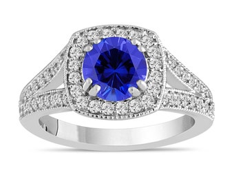 Sapphire Engagement Ring, Blue Sapphire And Diamond Wedding Ring 1.58 Carat 14K White Gold Bridal Ring Handmade Halo