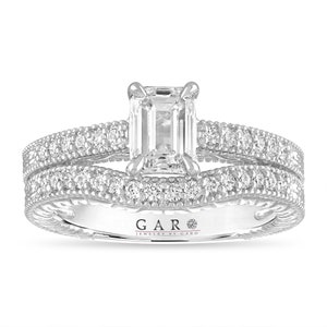 1.30 Carat Emerald Cut Lab Grown Diamond Engagement Ring and Wedding Band Sets, IGI Certified 14K White Gold Unique Handmade