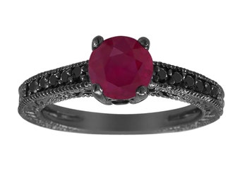 Ruby Engagement Ring Vintage Style 14K Black Gold 1.25 Carat Birthstone Antique Style Engraved Handmade