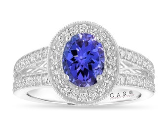 Oval Tanzanite Engagement Ring Unique Halo 14K White Gold Or Black Gold Vintage Style 1.72 Carat Handmade Certified