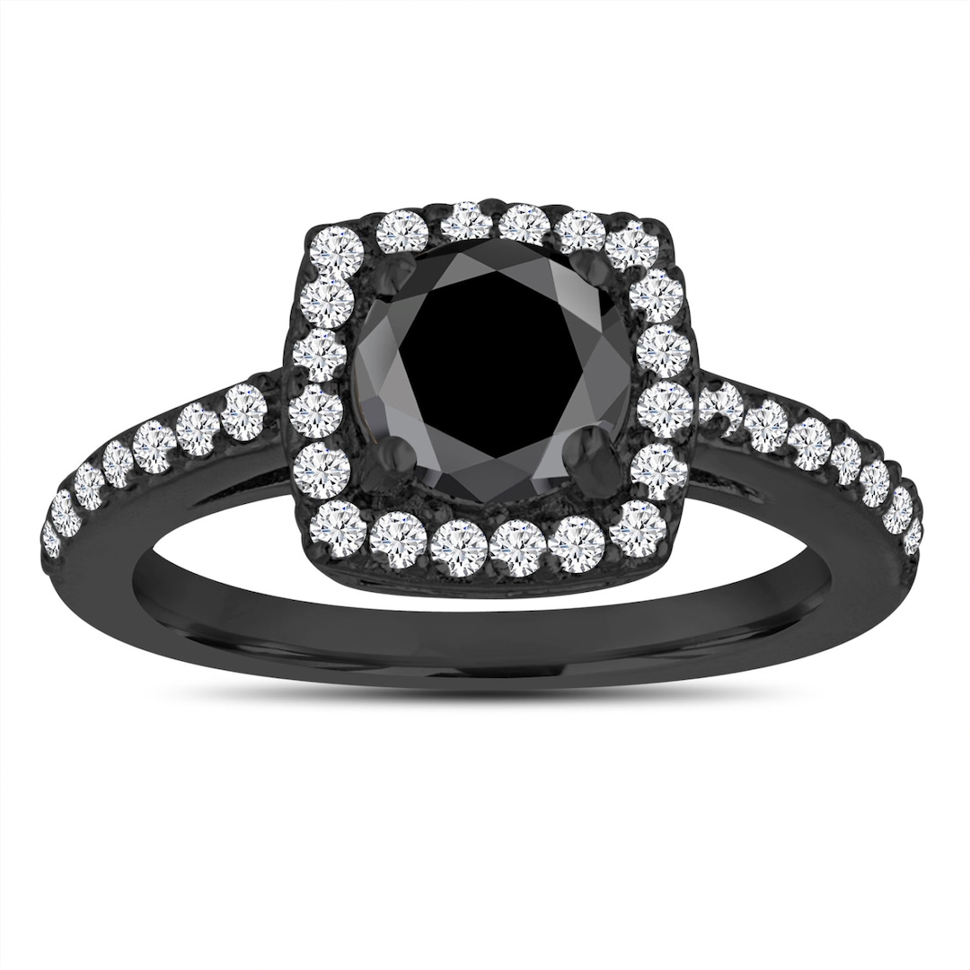 Vintage Black Diamond Engagement Ring 14K Black Gold Etsy