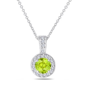 Green Peridot And Diamonds Pendant Necklace 14K White Gold 1.23 Carat Halo Pave Handmade